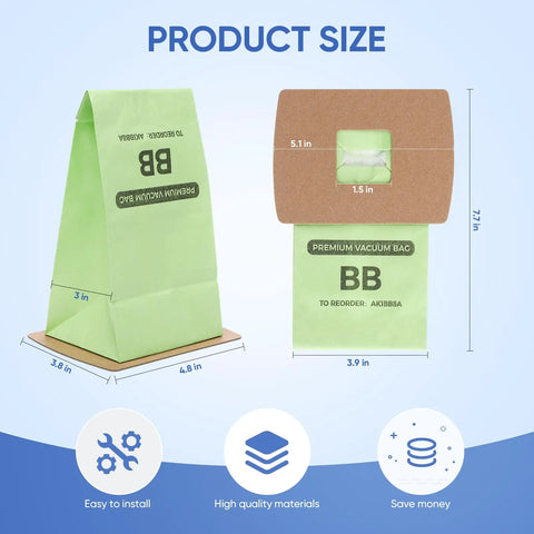 Product size diagram of Compact Canister Vacuum Bags Replacement For Oreck Handheld And Canister Vacuums AK1BB8A BB180 BB280 BB850 BB870