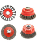 AUPREX 4-pack wire wheel and cup brush set for 4-1/2 in grinders with 5/8-11 arbor; carbon steel bristles.