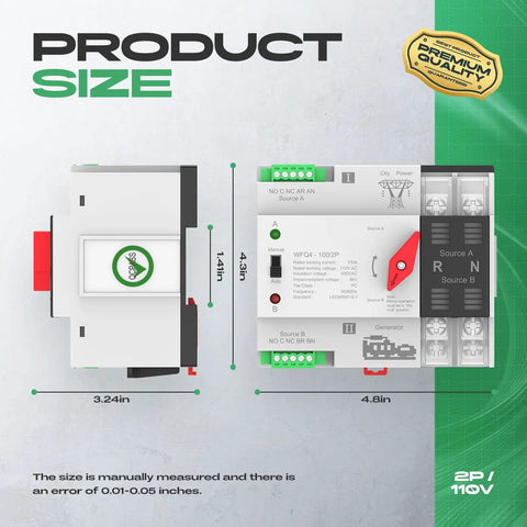 100A Automatic Transfer Switch For Home Power And Backup, Dual Power ATS 2P And 4P Auto Manual Transfer Switch With DIN Rail Mount, 2P 110V size view