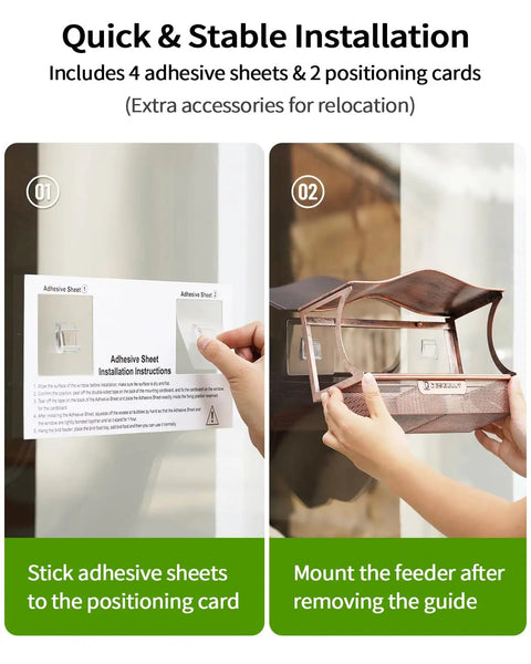 Installation guide for Metal Window Bird Feeder With Super Sturdy Suction Cups, Easy Mounting System, showing adhesive sheets.