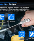 Hand using Pro Grade Grease Gun Needle Kit 7 Pieces With 5 Nipples 1 Needle Dispenser And 1 Rubber Joint Nipple For Narrow Tips