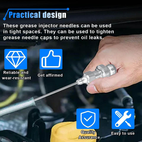 Hand using Pro Grade Grease Gun Needle Kit 7 Pieces With 5 Nipples 1 Needle Dispenser And 1 Rubber Joint Nipple For Narrow Tips