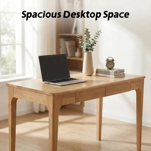 Mid Century Modern Solid Wood Height Adjustable Standing Desk With Slick Ergonomic Design And Heavy Duty Storage Drawers, spacious desktop with laptop.