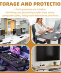 Desk Grommet Set 2 Inch White ABS Plastic Hole Covers For Cables installed in various desk and entertainment setups