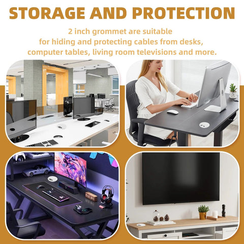 Desk Grommet Set 2 Inch White ABS Plastic Hole Covers For Cables installed in various desk and entertainment setups