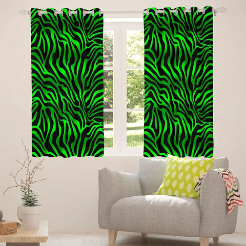 Light Green And Black Zebra Print Blackout Curtains 52W X 63L, 2 Panel Set With Easy Slide Grommets, thermal room drapes installed.