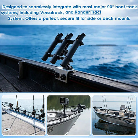 3 Pole Fishing Rod Holder With Aluminum 90 Degree Track Bracket Base, 360 Degree Rotating Deck Or Side Mount For Versatrack And Ranger Track Systems, Heavy Duty Boat Track Bracket mounted on boat rail