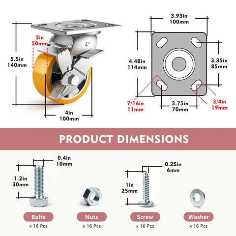 Beefy 4 Inch Industrial Locking Casters Set Of 4 Rock Solid Four K Heavy Duty Swivel Wheels dimensions with steel plate mount and hardware.