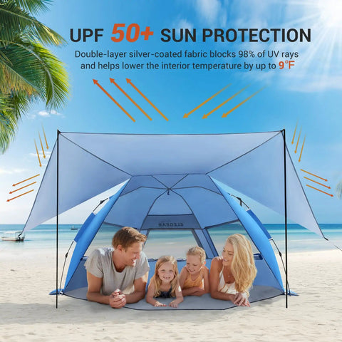 Pop Up Beach Tent With 360 Degree Removable Canopy For 4 To 6 People, UPF 50 Plus Sun Shelter with family on beach