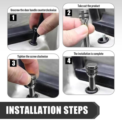 Installation steps for 4 Piece Car Door Latch Catch Kit With Solid Alloy Interior Door Lock Knob Pull Pins, silver finish.