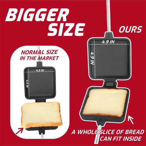 Comparison of 4.5 inch and Large Cast Iron Campfire Pie Iron Set For Outdoor Cooking 4.9 Inch Pies Bigger Cooking Space