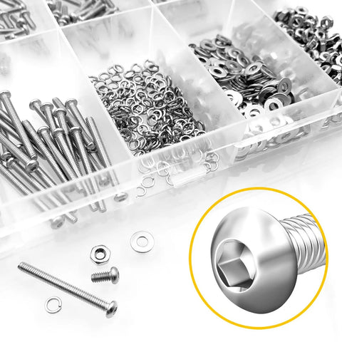 800 Piece M2 Screw And Nut Kit With Stainless Steel Bolts And Nuts Hex Socket Button Head Screws Flat And Spring Lock Washers For DIYers And Tinkerers Includes Hex Wrenches M2 Thread Lengths 4 6 8 10 12 16 20mm