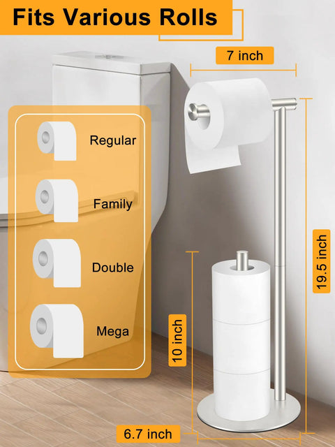 Freestanding Toilet Paper Holder Stand In Brushed Nickel, Stainless Steel, Weighted Base, Holds 3-4 Rolls, Dimensions Shown