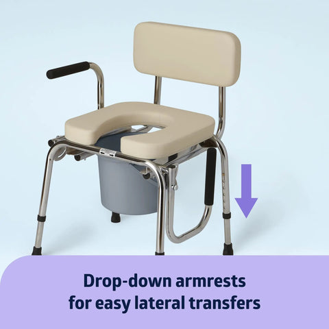 Straight Up Heavy Duty Drop Arm Commode With Ultra Comfy Foam Cushion And Removable Backrest For Hassle Free Wheelchair Swaps Built Tough Senior Toilet Chair With Splash Guard Height 350 Pound Capacity Tan