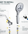 7 Setting Handheld Shower Head With On Off Pause Switch For No Fuss Easy Use High Pressure 4.8 Inch Spray Head 59 Inch Shower Hose Angle Adjustable Holder Chrome Finish installation guide