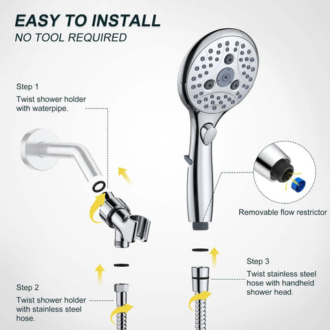 7 Setting Handheld Shower Head With On Off Pause Switch For No Fuss Easy Use High Pressure 4.8 Inch Spray Head 59 Inch Shower Hose Angle Adjustable Holder Chrome Finish installation guide