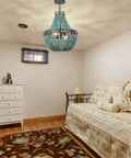 Blue Wood Beaded Chandelier With Boho Vibes, Modern Farmhouse Pendant Light For Loft Bedroom Living Room Dining Room Foyer Hallway Stairs E26 Base No Assembly Required Easy Install in bedroom setting