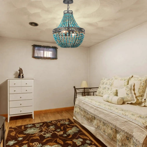 Blue Wood Beaded Chandelier With Boho Vibes, Modern Farmhouse Pendant Light For Loft Bedroom Living Room Dining Room Foyer Hallway Stairs E26 Base No Assembly Required Easy Install in bedroom setting