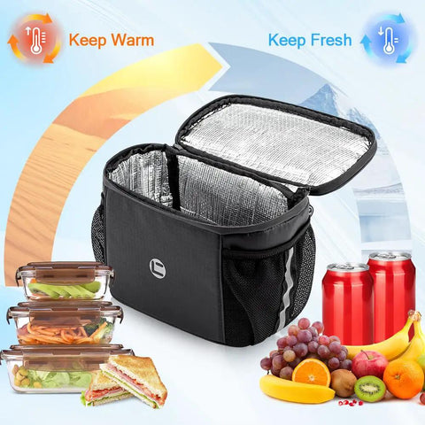 Bike Handlebar Insulated Cooler Bag With Front Phone Pouch And TPU Touch Screen, showing open bag with foil interior and food items.