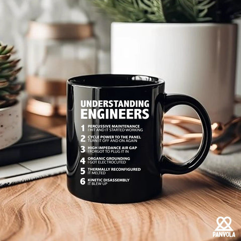11oz black ceramic mug with engineering humor, 'Understanding Engineers,' Funny Engineer Gifts Ceramic Mug 11 Oz Black For Engineers.