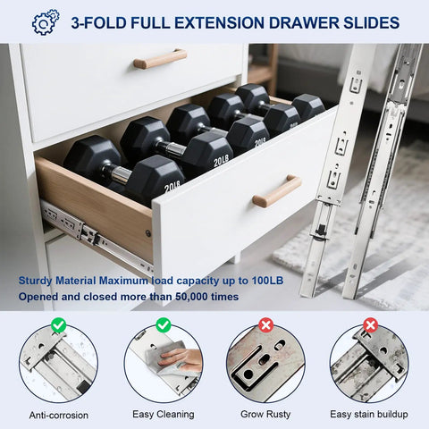 Rock Solid 20 Inch Soft Close Drawer Slides With Ball Bearing Full Extension For Dressers Side Mount Runners in a drawer with dumbbells.