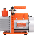 VEVOR 7 CFM dual-stage HVAC vacuum pump, side view with orange handle and oil bottle