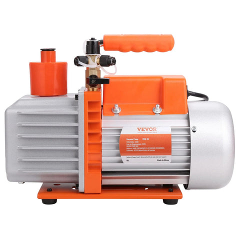 VEVOR 7 CFM dual-stage HVAC vacuum pump, side view with orange handle and oil bottle