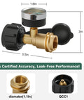Propane Tank Gauge 2 Pack With Leak Detector, brass QCC1 Type 1 connection, CSA certified, dimensions shown.