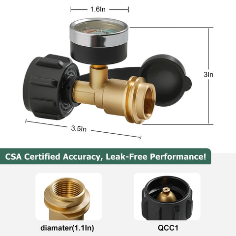 Propane Tank Gauge 2 Pack With Leak Detector, brass QCC1 Type 1 connection, CSA certified, dimensions shown.