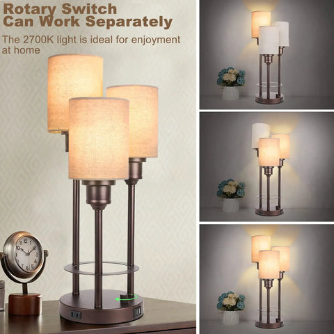 Three Light Table Lamp Set With USB Ports And 2 Prong AC Outlet, shown with round fabric shades and modern rustic design