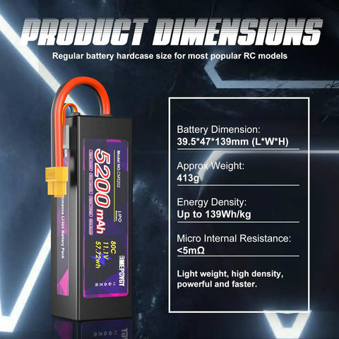 11.1V 3S 5200mAh 80C RC Battery With Beefy Hard Case And XT60 Connector for size and specifications