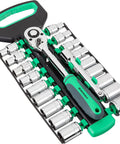 Half Inch Drive Socket Set With Holder 20 Piece Pro Grade Heavy Duty Chrome Finish Heat Treated Carbon Steel Construction Rust Resistant Storage Case Ideal For Home Garage Repairs Maintenance And General Use