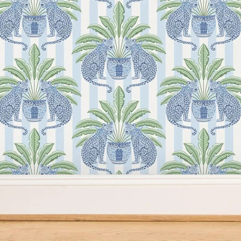 Top Shelf PVC Free Preppy Wallpaper With Heavy Duty Matte Linen Texture Ideal For Busy Homes Or Tight Offices featuring leopards and plants.