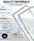 Stainless Steel License Plate Frames With 4 Holes 2 Pack Bolt And Gasket Cover Slim Car License Plate Holder For US Cars details and materials.