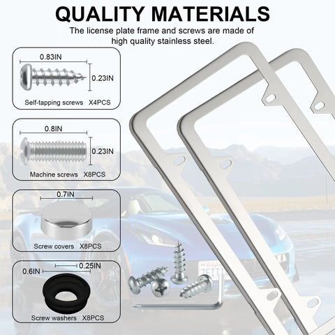 Stainless Steel License Plate Frames With 4 Holes 2 Pack Bolt And Gasket Cover Slim Car License Plate Holder For US Cars details and materials.