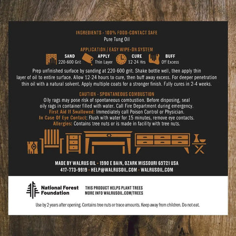 Label showing instructions for 100 Percent Pure Tung Oil Wood Finish Black Straight Up Durable 128 Oz 1 Gallon Jug including ingredients and application tips.