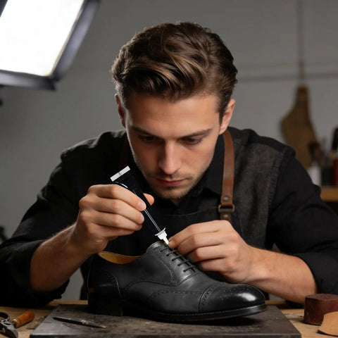 Man applying Leather Repair Cream For Furniture, Cars, Bags And Boots - Quick-Dry Liquid Pigment on black leather shoe