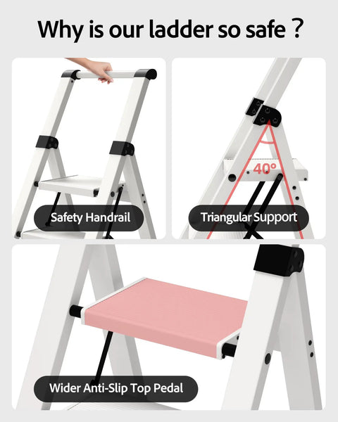 3 Step Aluminum Ladder Lightweight Foldable Stool Slick For Home Kitchen Library And Outdoor Use With 22.6 Inch Top Step close-up safety handrail and anti-slip top pedal