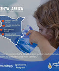 Map of Kenya with marked schools sponsored by Waterdrop, child drinking clean water from a glass, promoting sustainability.