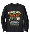 Fire Mechanics Wife Long Sleeve Shirt With Quick Fix Weekend Shenanigans in black with graphic design, lightweight fabric ideal for garage tasks.