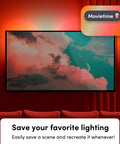 Smart LED Light Strip Bundle With 120 Inch Main Strip And Two 40 Inch Extensions Multicolor RGB lighting a TV scene in a room.