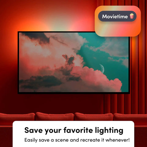 Smart LED Light Strip Bundle With 120 Inch Main Strip And Two 40 Inch Extensions Multicolor RGB lighting a TV scene in a room.