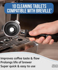 Person inserting portafilter into coffee machine with text '10 Cleaning Tablets Compatible with Breville' displayed above.