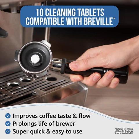 Person inserting portafilter into coffee machine with text '10 Cleaning Tablets Compatible with Breville' displayed above.