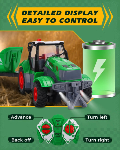 Remote Control Tractor 1 To 24 Scale With Dump Trailer Rechargeable RC Farm Vehicle Toy With Lights And Sounds on hay