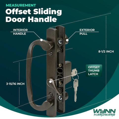 Premium Bronze Sliding Patio Glass Door Handle Set With Offset Latch And Keyed Lock Sash Control with 8-1/2 inch escutcheon.