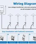 Wiring diagram for All In One LED Pathway Lighting Kit With 8 Low Voltage Landscape Lights, transformer, wire, connectors included.