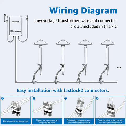 Wiring diagram for All In One LED Pathway Lighting Kit With 8 Low Voltage Landscape Lights, transformer, wire, connectors included.