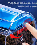 Close-up of Hassle-Free Automatic Fish Feeder, Smart Battery Operated Aquarium Food Dispenser with multistage door design.