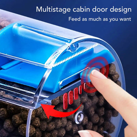 Close-up of Hassle-Free Automatic Fish Feeder, Smart Battery Operated Aquarium Food Dispenser with multistage door design.
